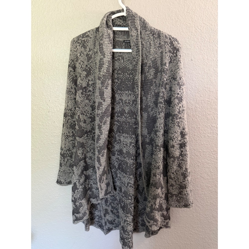 Eileen Fisher Gray Wool Linen Camel Blend Abstract Jacquard Open Cardigan M